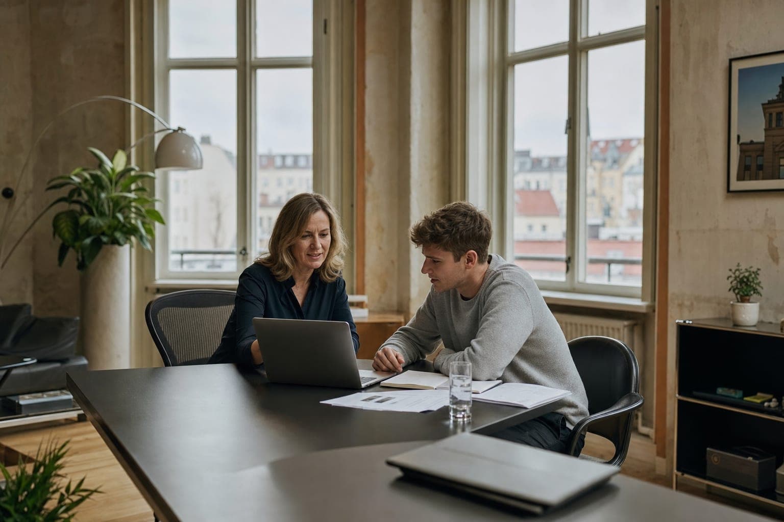 Zwei Personen im Büro besprechen am Laptop die offene Stelle
